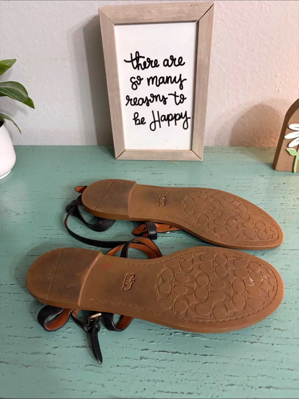 Coach Black Leather T-Strap Sandals with Gold Logo Charm
